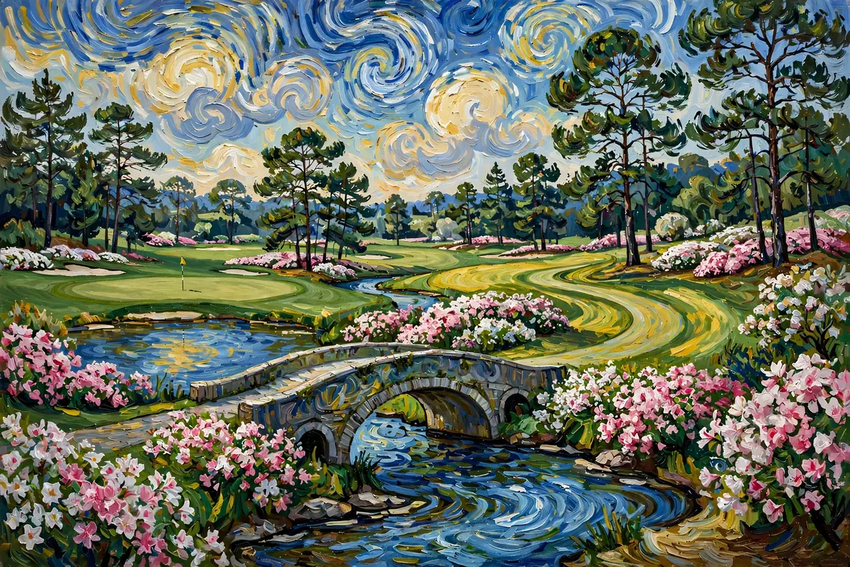 Painterly golf landscape with an arched stone bridge, creek, pond and bright azaleas