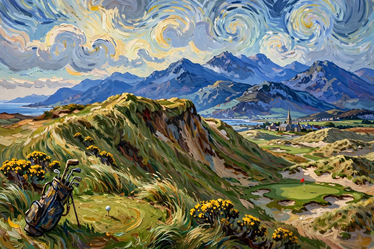 Painterly blind links drive over dunes toward mountains and a distant church spire