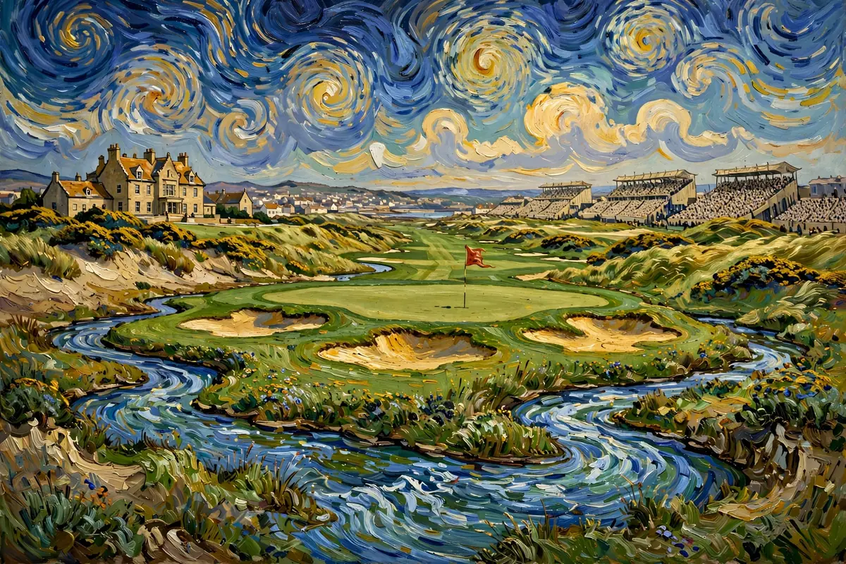 Painterly links finishing hole with a winding burn, bunkers and grandstands