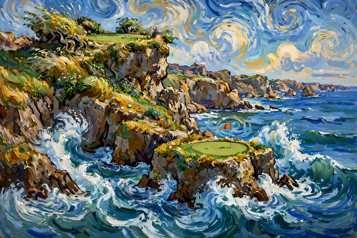 Painterly tiny cliff-top golf green surrounded by a dramatic Pacific Ocean