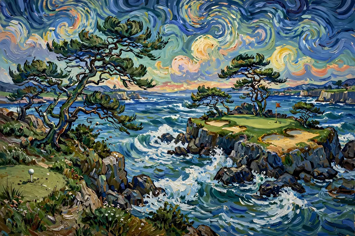 Painterly ocean carry to a green on a rocky peninsula among cypress trees