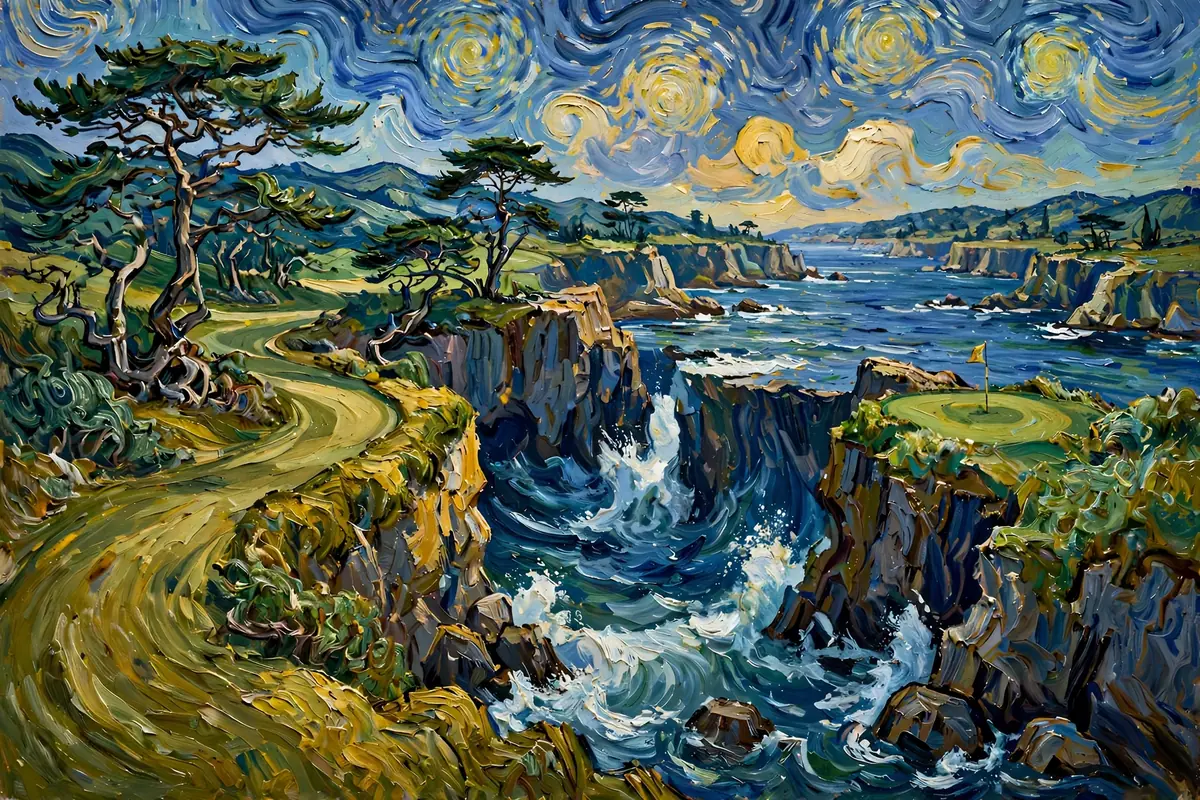 Painterly fairway on ocean cliffs with a dramatic second shot across a coastal chasm
