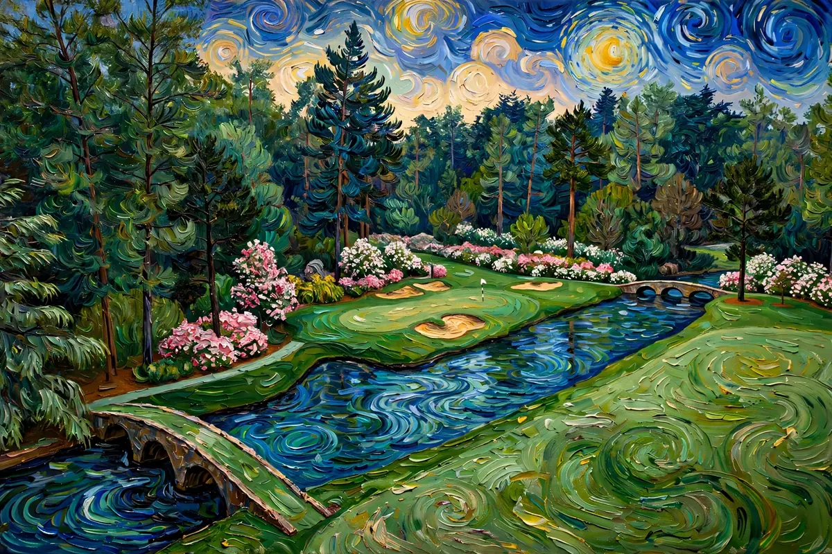 Painterly par-three green beyond a narrow creek and bunkers, surrounded by azaleas