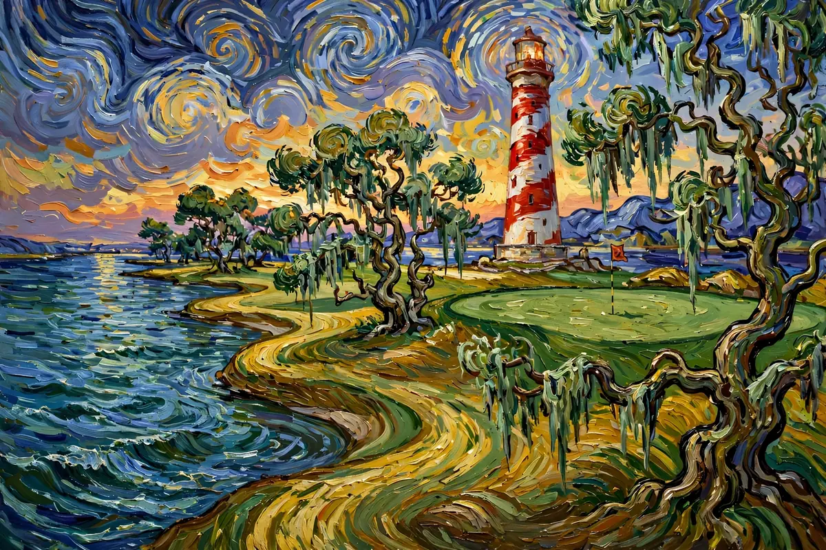 Painterly finishing hole beside water with a red-and-white striped lighthouse
