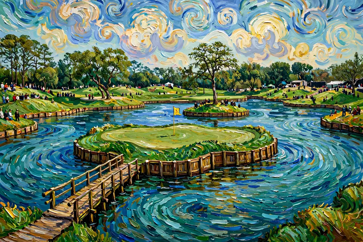 Painterly island green surrounded by blue water with a wooden walkway and spectators