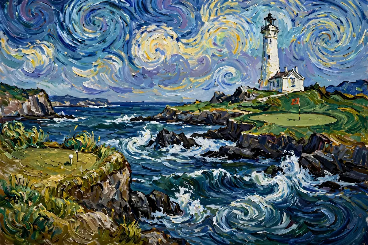 Painterly links green across a rocky bay with a lighthouse on the headland