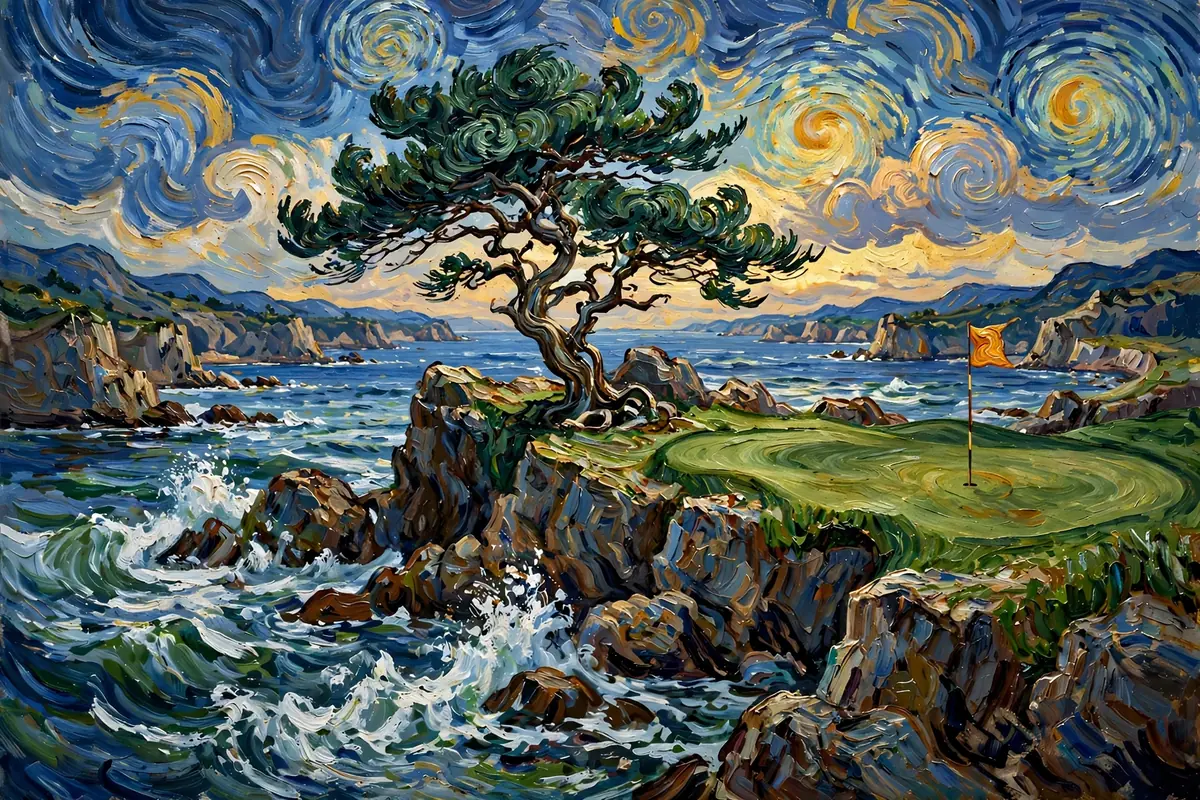 Painterly finishing hole beside the Pacific with a lone cypress on a rocky point