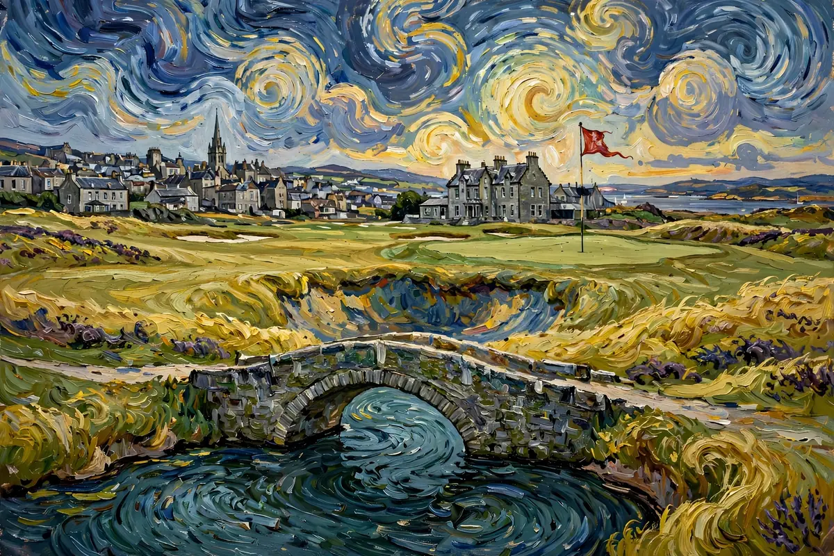 Painterly Swilcan Bridge on an old links with clubhouse and stone town beyond