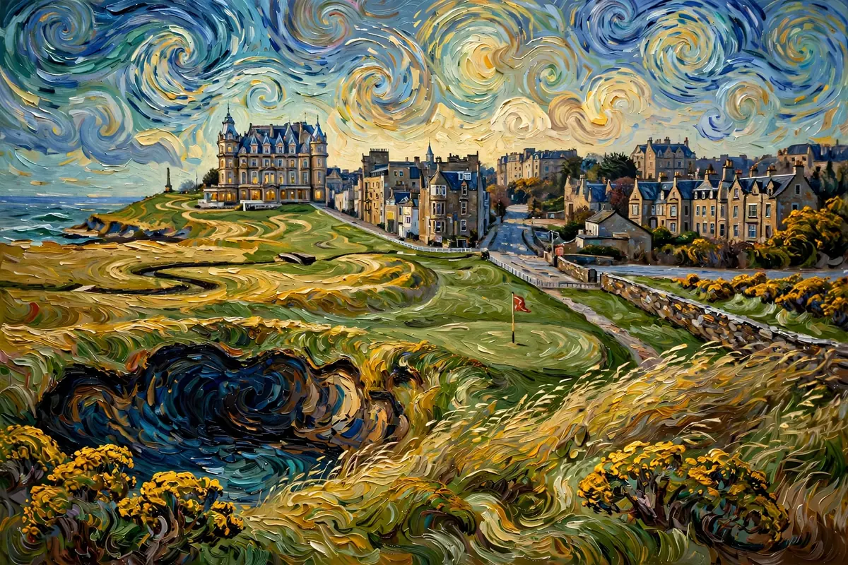 Painterly coastal links with a deep bunker, stone wall, road and old hotel