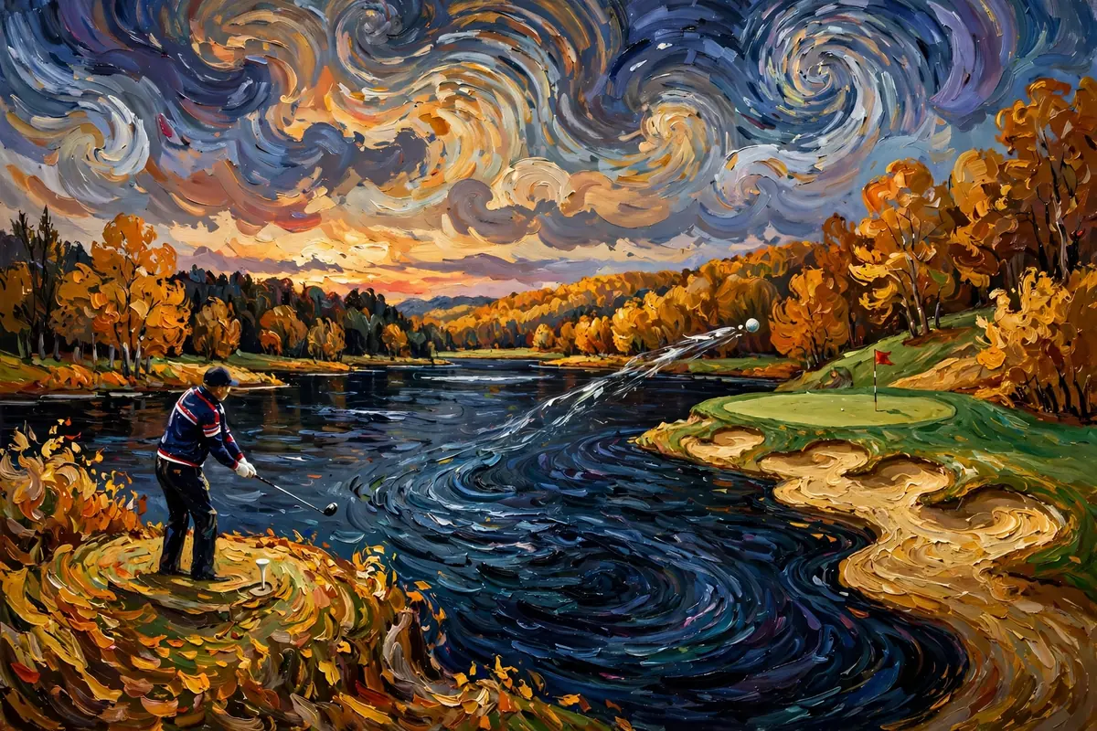Painterly golf hole with a bold drive across water to a narrow green