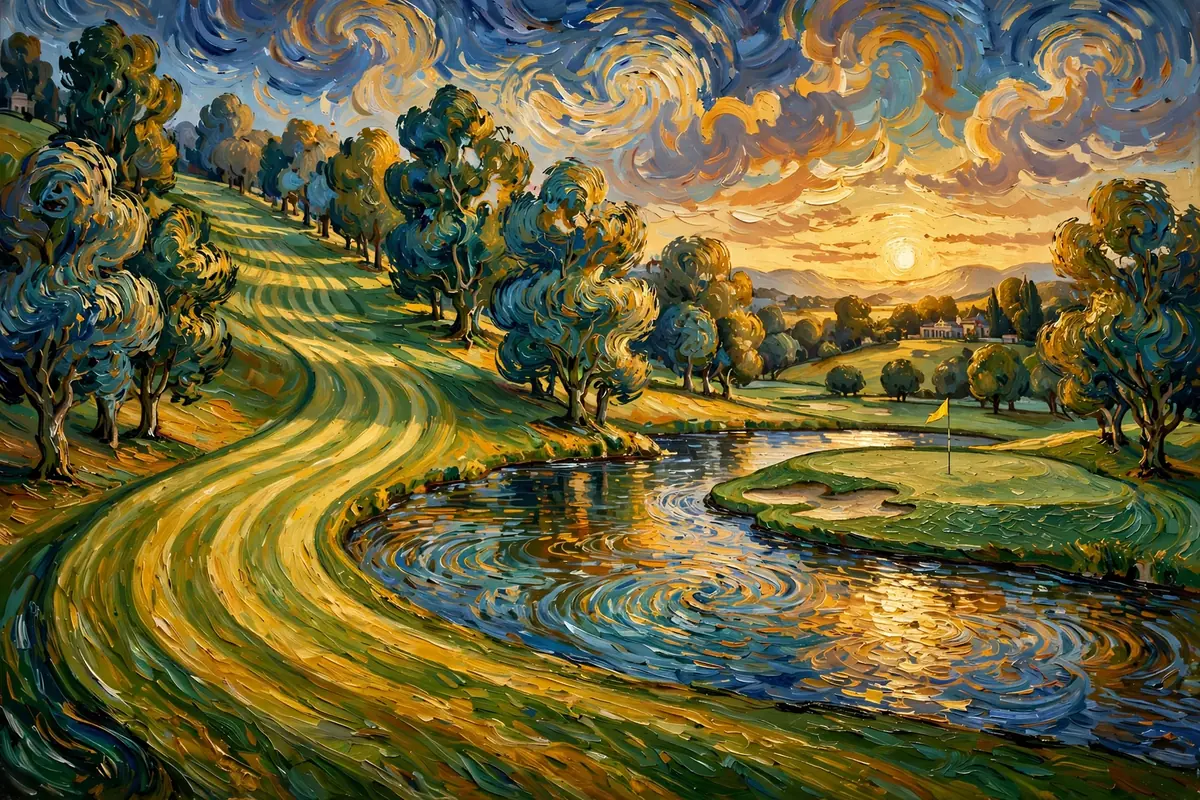 Painterly parkland golf hole with water guarding the green and a grand clubhouse beyond