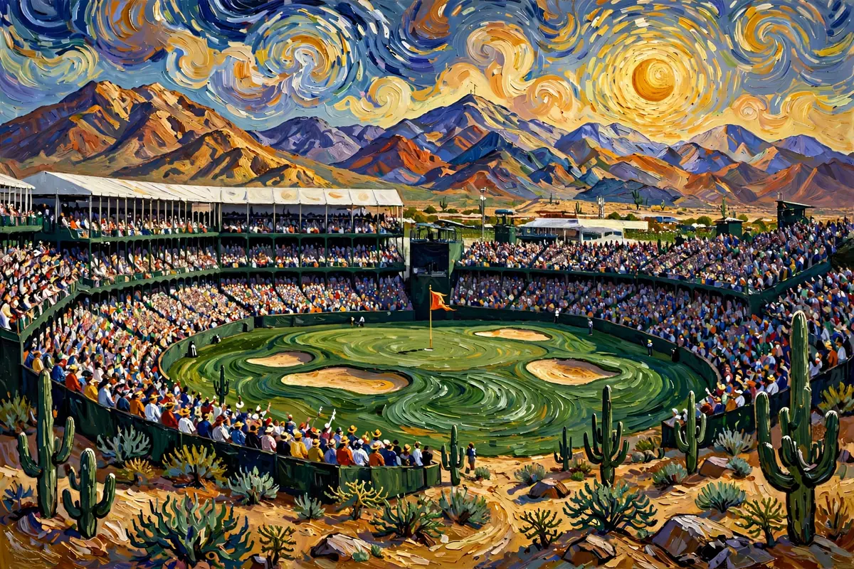 Painterly desert par-three enclosed by huge grandstands and saguaro cactus